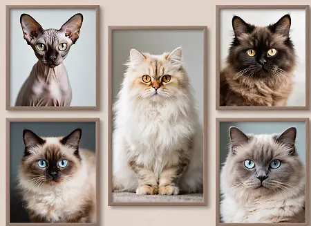 4x3 Collage realista de cinco gatos
